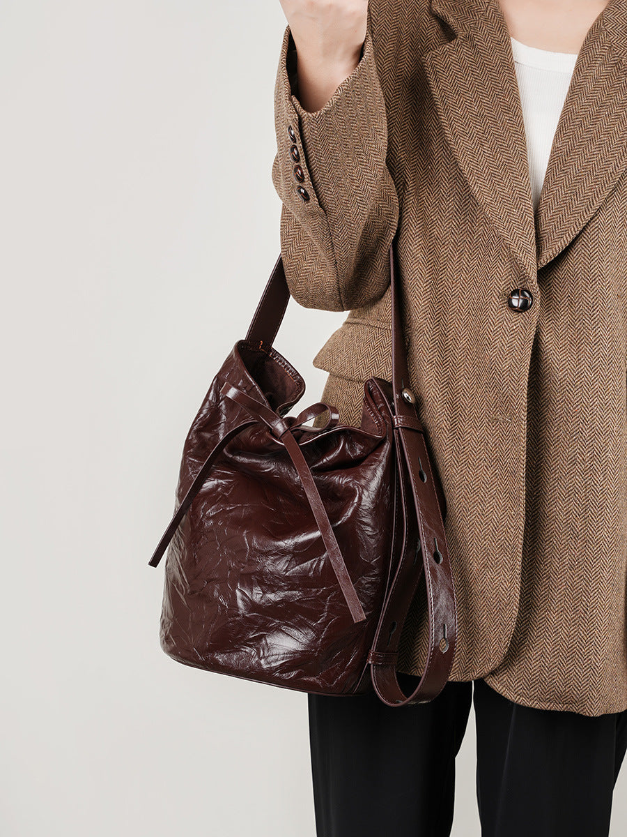 1129 genuine leather women bucket handbag