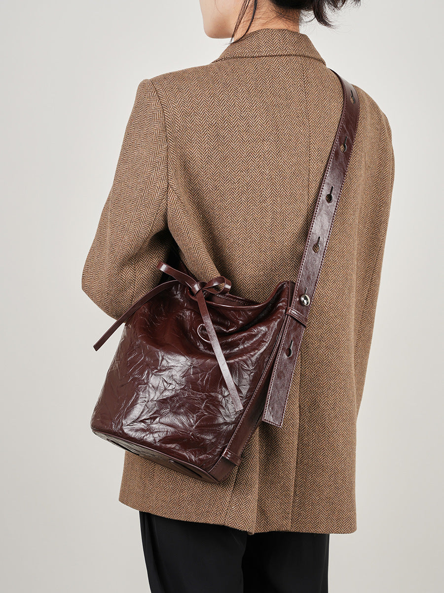 1129 genuine leather women bucket handbag