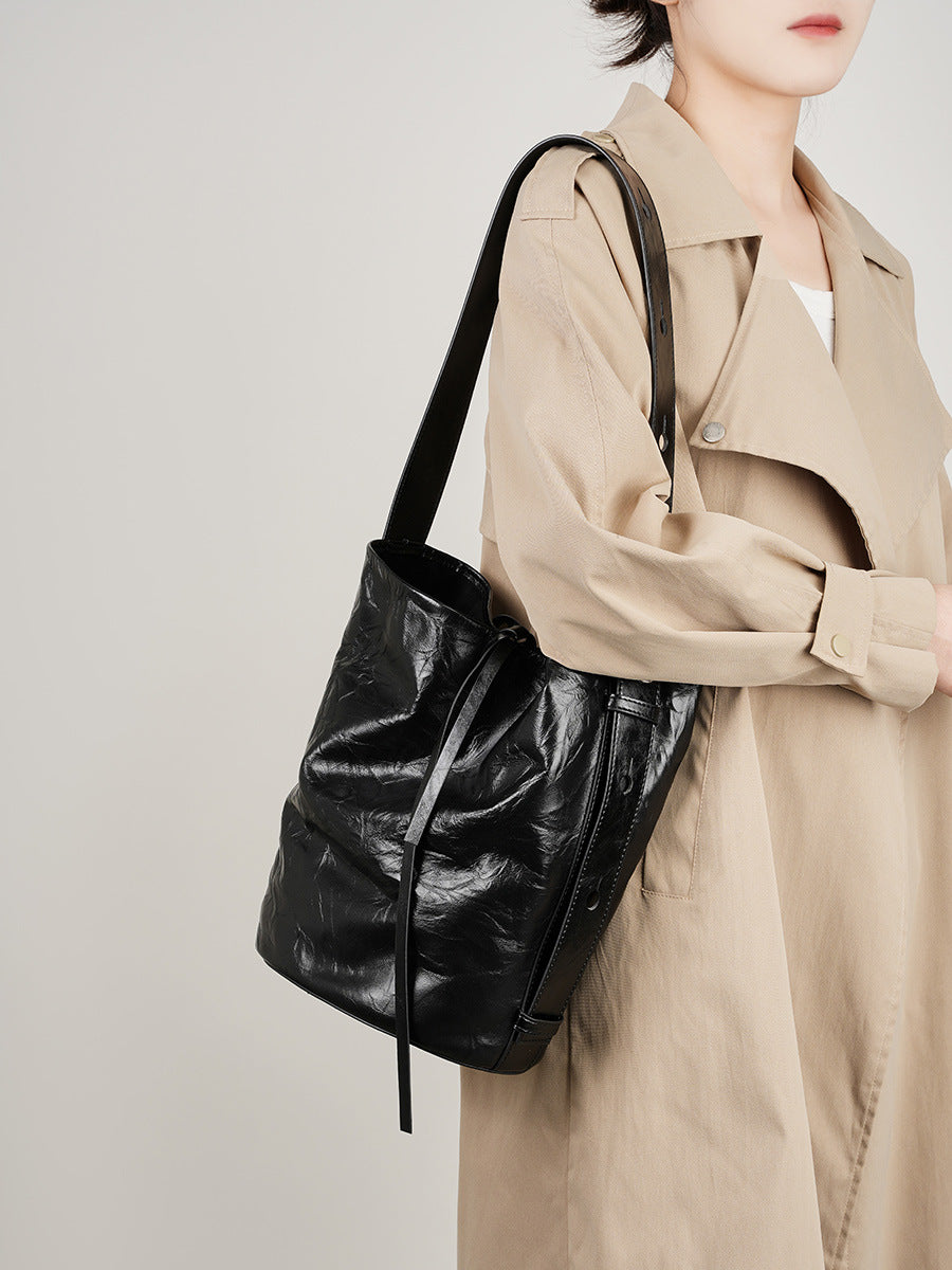 1129 genuine leather women bucket handbag