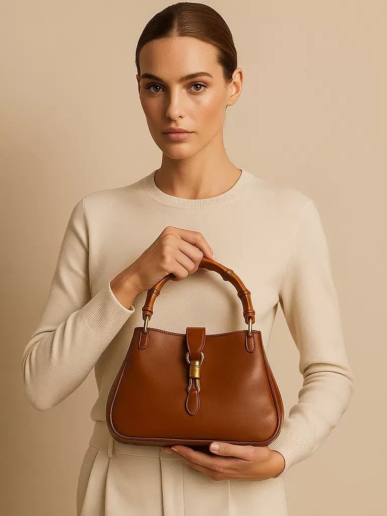 2577 genuine leather bamboo handle bag
