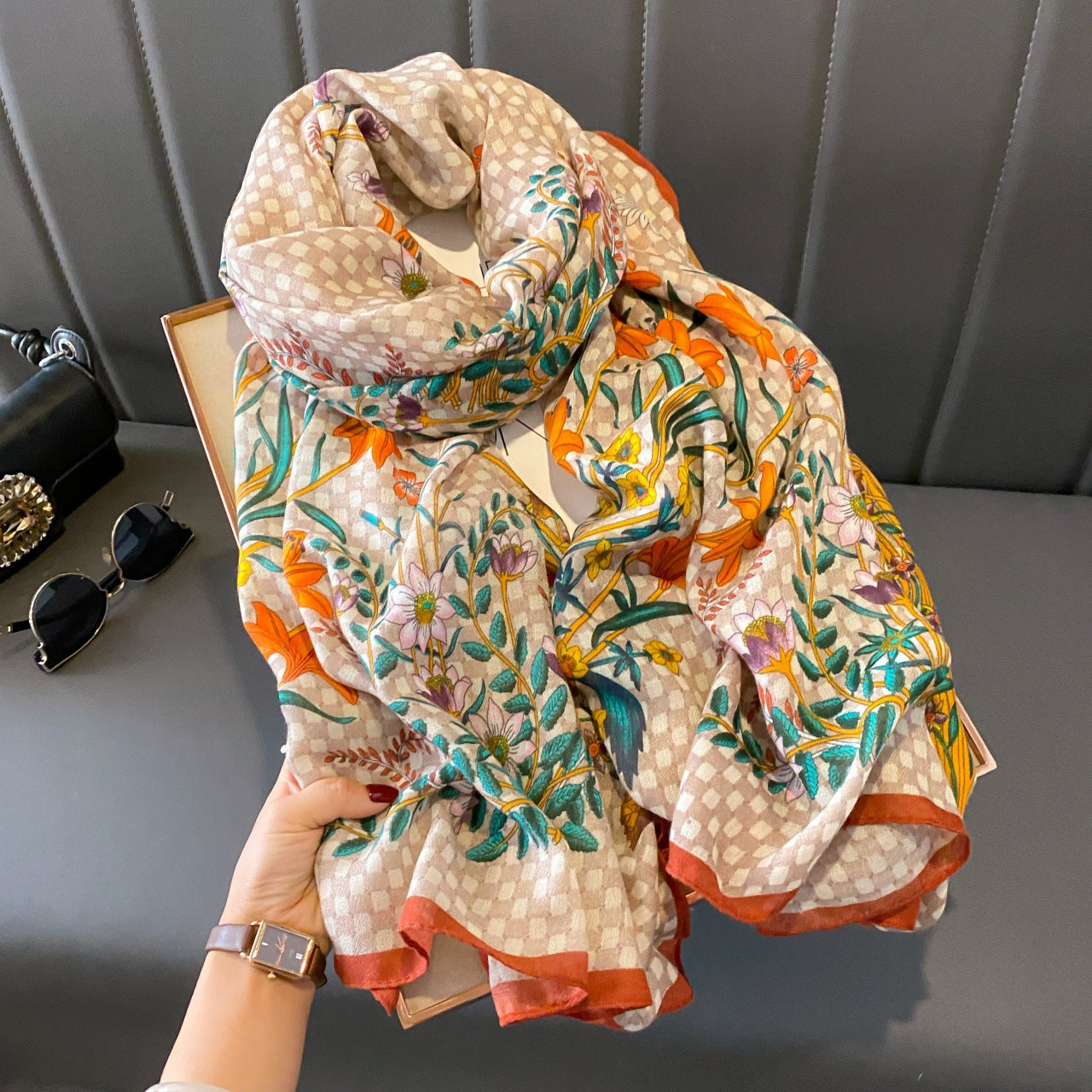 2152 flower print silk scarf