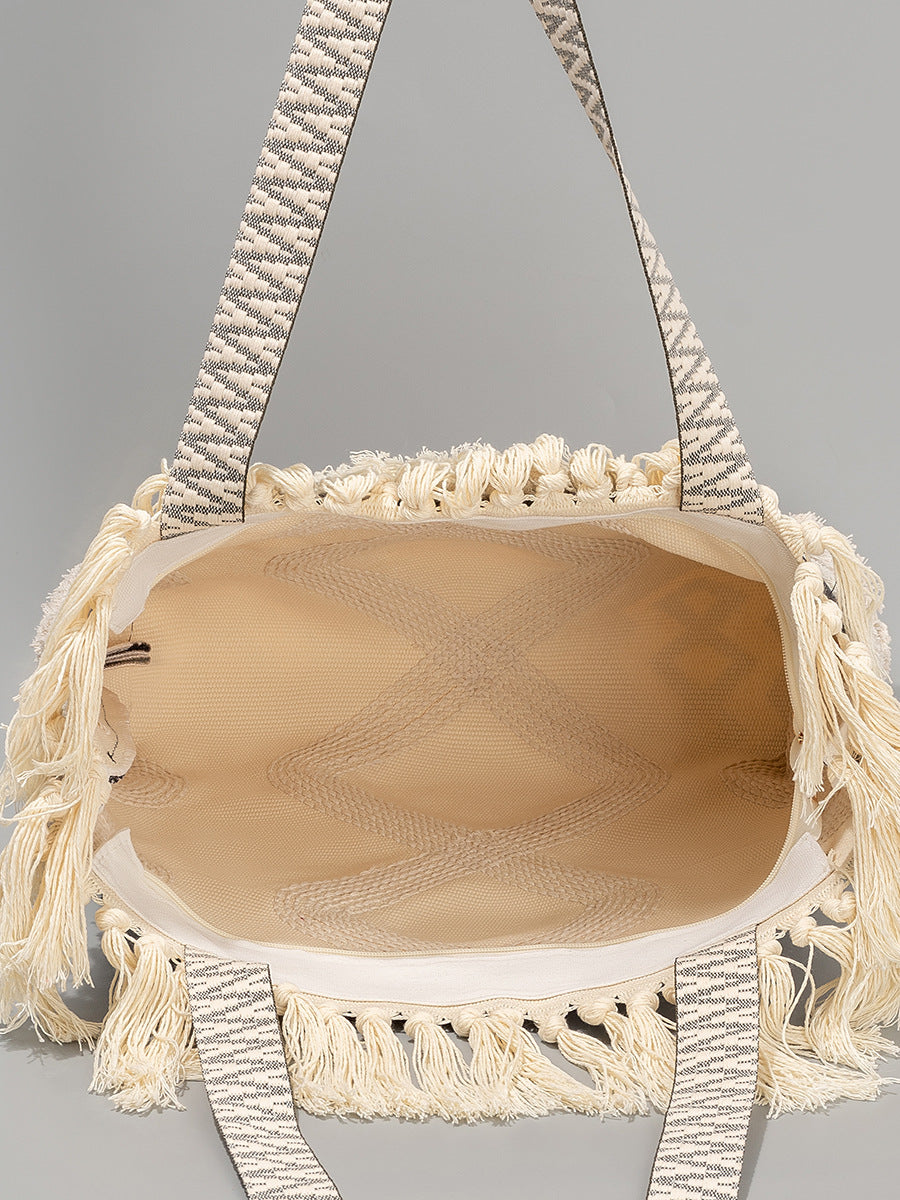 2110 large cotton tassel beach bag