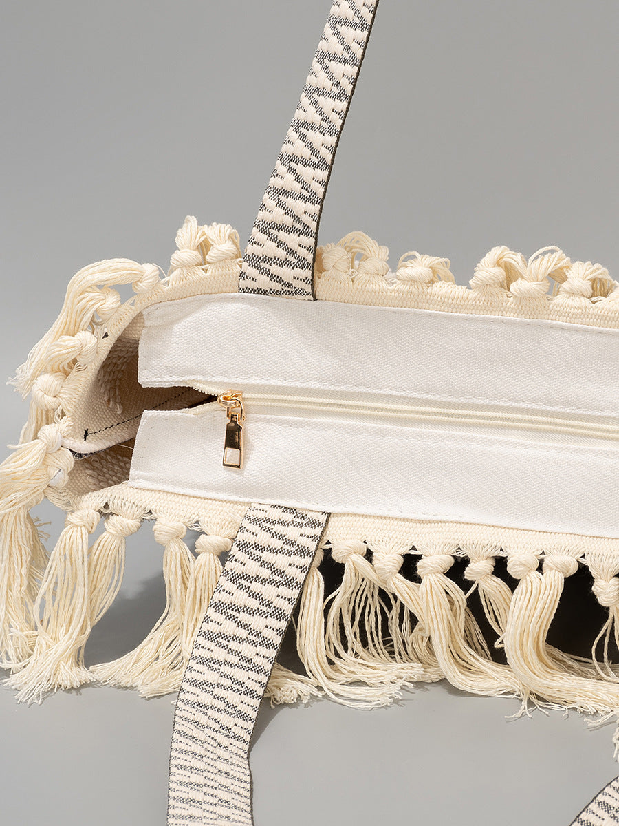 2110 large cotton tassel beach bag