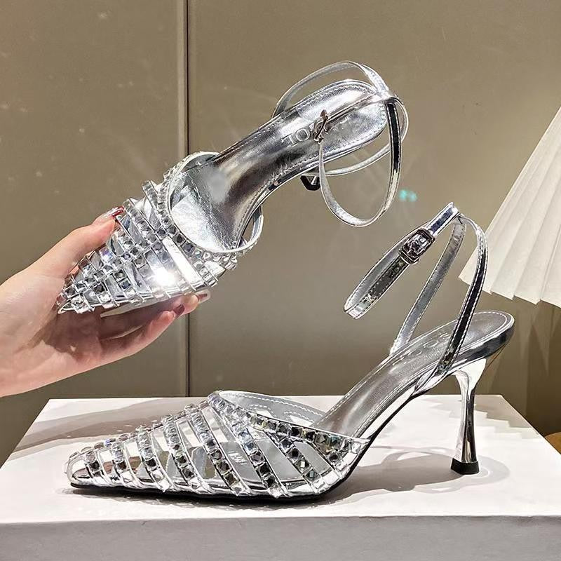 3794 Cut-Out Pointed-Toe Crystal Heel Sandals