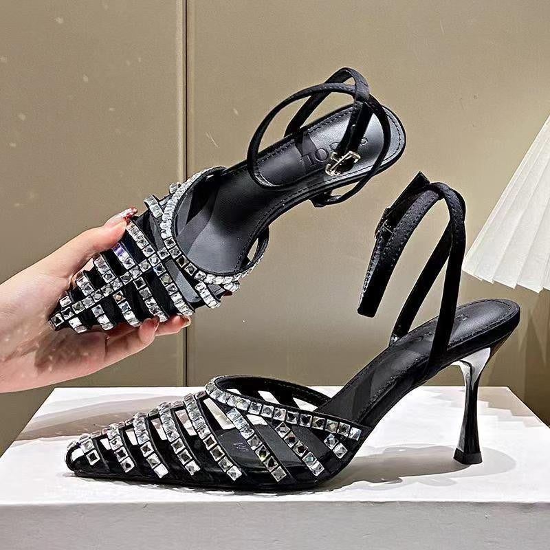 3794 Cut-Out Pointed-Toe Crystal Heel Sandals