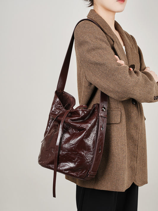 1129 genuine leather women bucket handbag