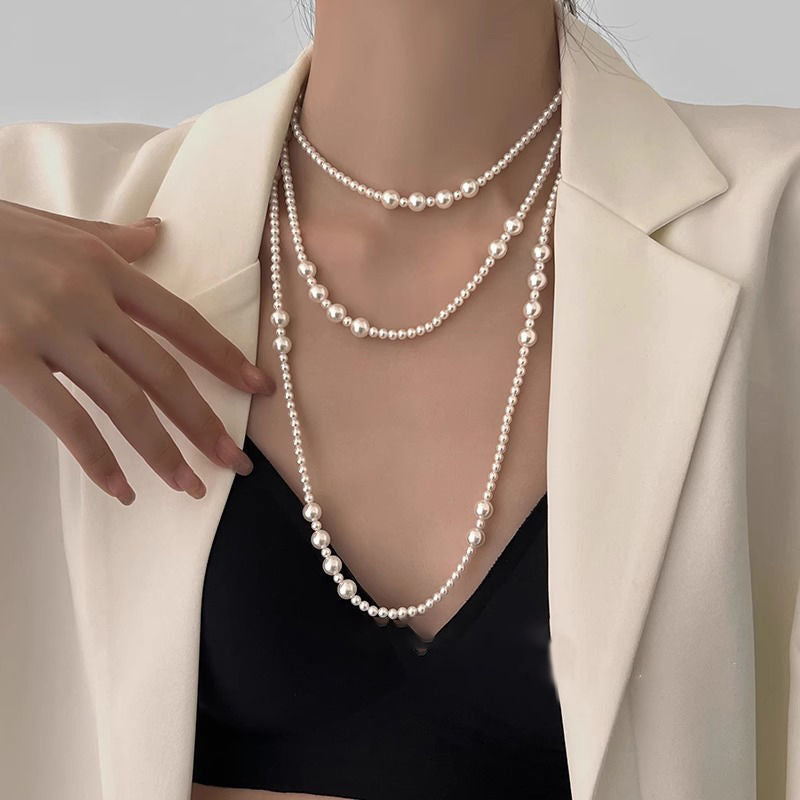 1672 elegant style three layer pearl necklace