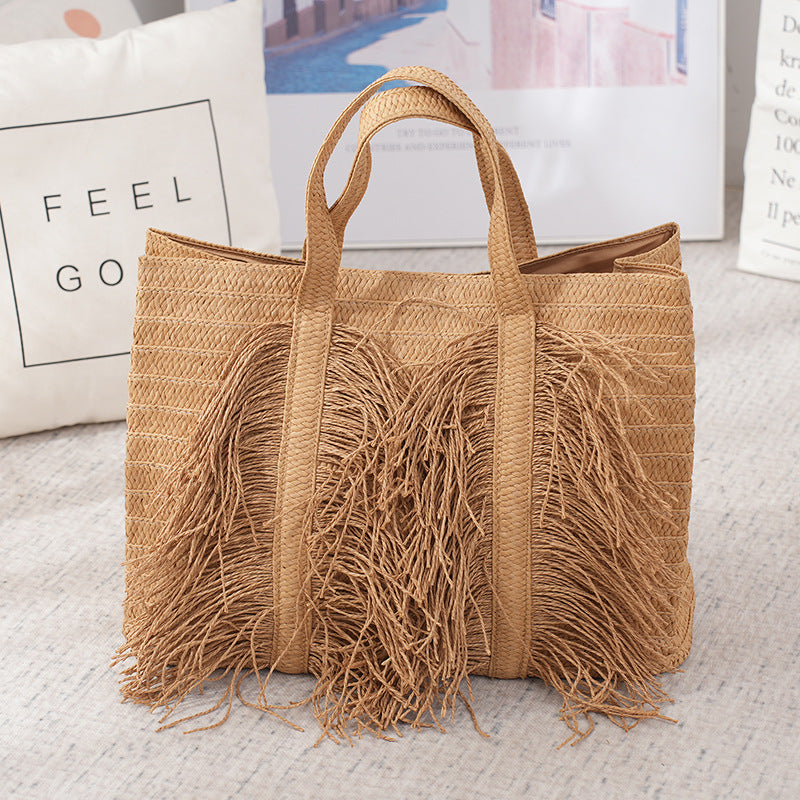 990 woven tassel beach handbag